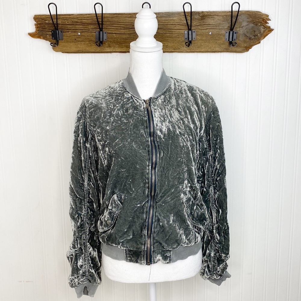 Free People Gray Jacket Velvet Ruched Bomber Jacket